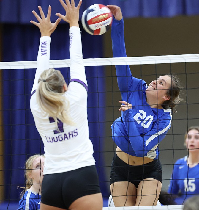 Sarah Miller puts away a kill against Spanish Springs, during the 2023 volleyball season. Miller, an outgoing senior, earned a Class 5A North all-region first team selection for the second year in a row.
