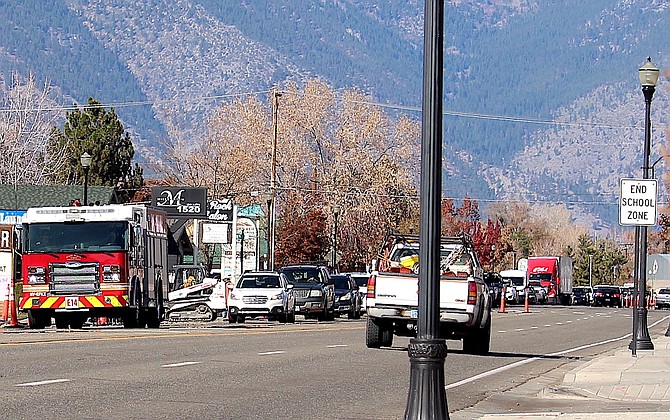Lunchtime traffic on Main Street through Gardnerville was backed up almost to Minden on Nov. 9. Work could be done next week, depending on the weather.