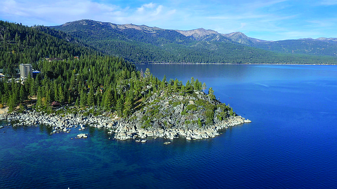 Aerial view of the Cal Neva, looking toward the Lake Tahoe northern shoreline in Crystal Bay.