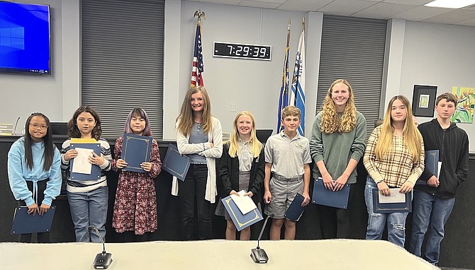 Nine student winners of the Carson City School District Board of Trustee’s 22nd annual American Citizen Essay contest were recognized Tuesday, with first–place participants reading their essays to the board.