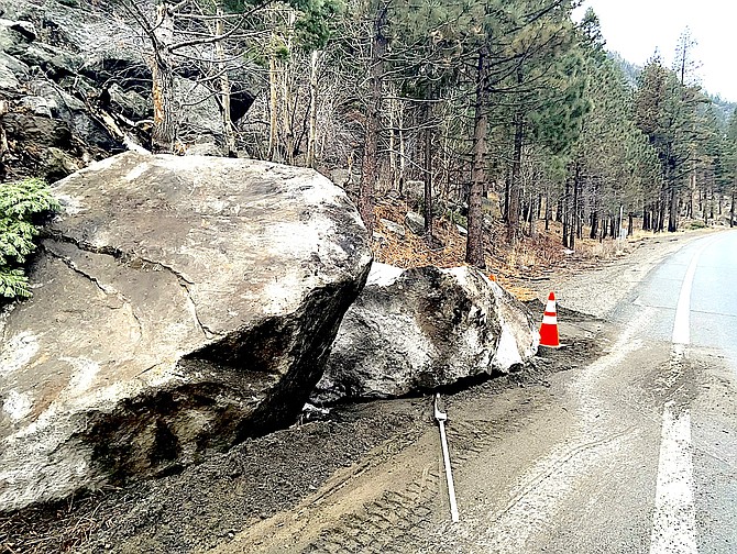 Big rocks landed on Highway 88 near Crystal Springs this morning. The roads are mostly off the highway but they are going to require some work. Alpine County photo