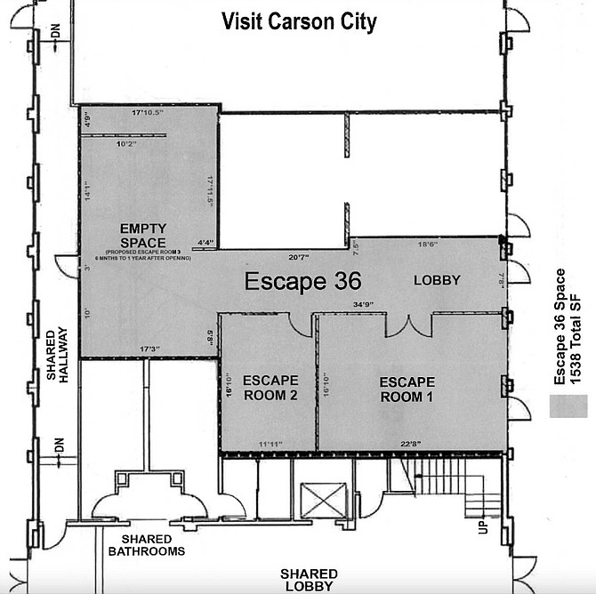 Map from Escape 36 LLC, via Community Development, showing the floorplan for a proposed ‘escape room’ business in an existing building on North Carson Street.