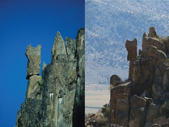 You'd think the barest breath of wind would be sufficient to knock this rock off the cliff, but it withstood a 6.0 magnitude earthquake in July 2021. The Antelope Valley rock was photographed in the 1990s by Jim Brune on the left, and the same rock photographed in 2022 by Daniel Trugman.