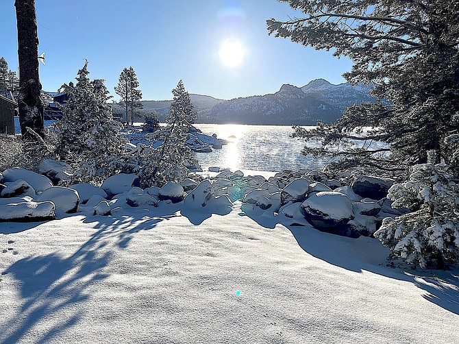 Caples Lake has some snow on its shores as mist rises from the water on Nov. 15. Winter fishing is on the way, but has not quite arrived yet.
Photo special to The R-C by Mike and Gwen Nicolli