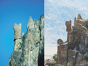 A large precariously balanced rock in Antelope Valley photographed in the 1990s by Jim Brune on the left, and the same rock photographed in 2022 by Daniel Trugman. The rock is perched on the edge of the cliff seemingly ready to topple, but survived a nearby M6.0 earthquake in 2021.
