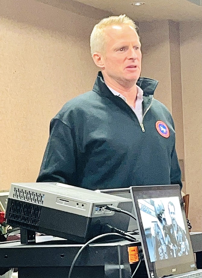 Cmdr. Blaine S. Felloney, commander of the Advanced Fighter Weapons School, or Top Gun, spoke at October’s Navy League meeting in Carson City.