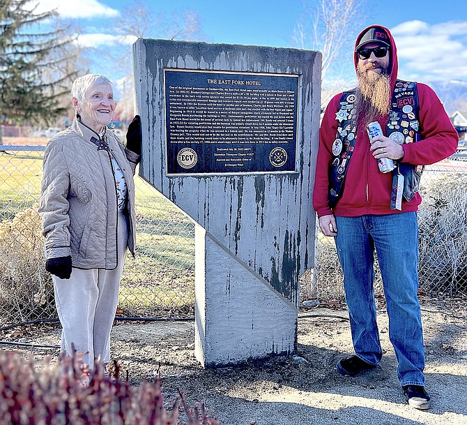 Beau Valory with the Snowshoe Thompson Chapter 1827 of E Clampus Vitus dedicated a plaque at the site of the East Fork Hotel that was located in downtown Gardnerville. ECV members as well as Nita Summers and family were present on Sunday. Photo by Kathi Hussman