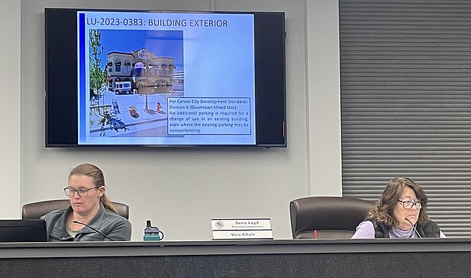 Carson City Planning Commissioners Sena Loyd and Teri Preston hear a request for an escape room business at Wednesday’s meeting.