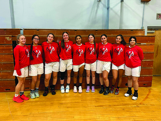 The 2023-2024 PCHS girls basketball team starts the new season. From left to right: Taylor Garland, Anna Happy, Aaliyah Allen, Raegan Burrows, Riley Harvey, Kyra Cerini, Mady Grenz, Yasmine McKinney and Kaylah Hanley.