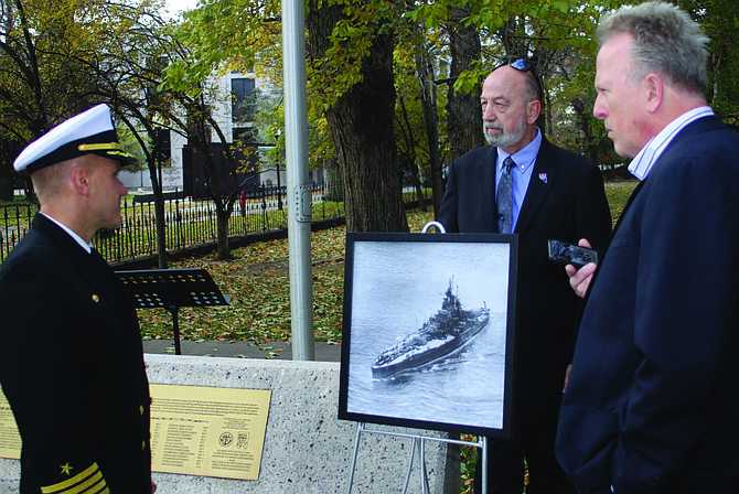 From left, Capt. Shane Tanner, commanding officer of Naval Air Station Fallon; Fred Wagar, director of the Nevada Department of Veterans Services; and Galloway, director of the Battleship USS Nevada Remembrance Project, recently attended a wreath-laying event at the USS Nevada Memorial behind the state capitol.