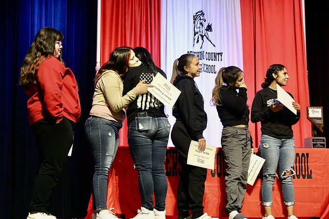 The 2023 PCHS Spirit Squad congratulates each other on awards night last Tuesday. From left to right- Jena Pilon, Alexis Foughty, Kaylah Hanley, Angelica Scola, Eudosia Mendoza and Danya Zepeda.