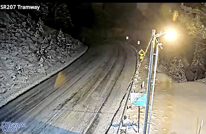 The traffic camera showed a snowy Kingsbury Grade at 5 a.m. today. The camera at nvroads.com was down at 6 a.m. The site indicates the Grade is closed at Buchanan this morning, but that could change soon.
