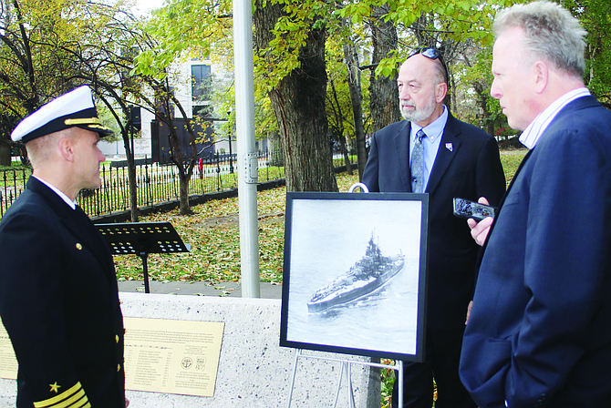 From left, Capt. Shane Tanner, commanding officer of Naval Air Station Fallon; Fred Wagar, director of the Nevada Department of Veterans Services; and Galloway, director of the Battleship USS Nevada Remembrance Project, recently attended a wreath-laying event at the USS Nevada Memorial behind the state capitol.