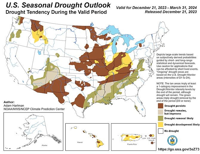 A map from the National Weather Service, released Dec. 21, estimating no drought for most of Nevada and California through March 31.