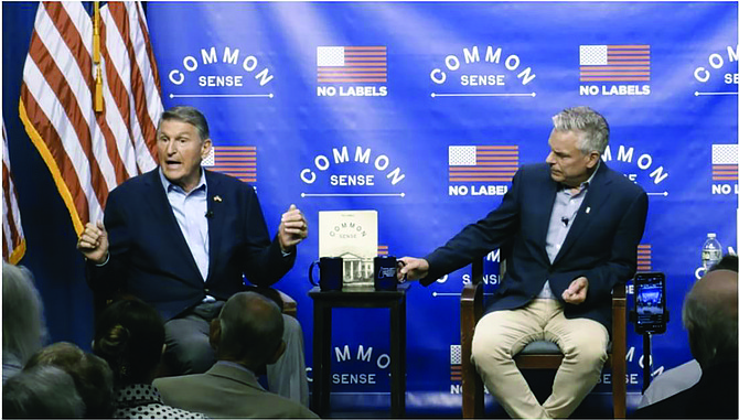 Joe Manchin and John Huntsman at a No Labels event in July, 2023.