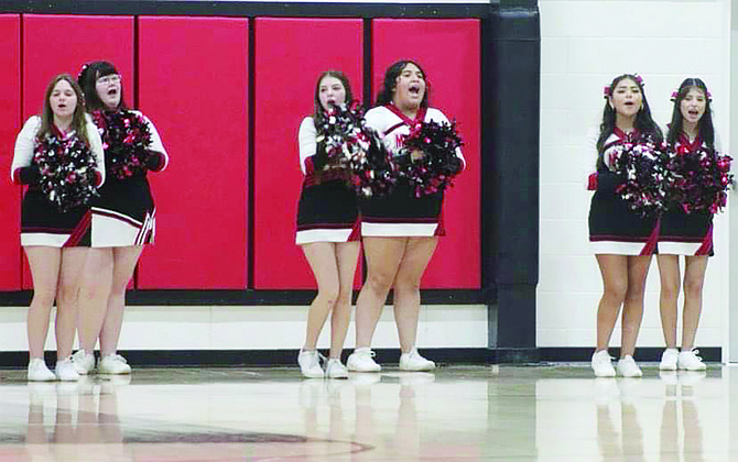 The Pershing County High School Spirit Squad cheers for the Mustangs basketball team. Jerzey Jones, Jena Pilon, Emma Blondheim, Sugeily Valtierra, Mily Gonzalez, and Alejandra Pineda. Not shown: Miya Gallagher.