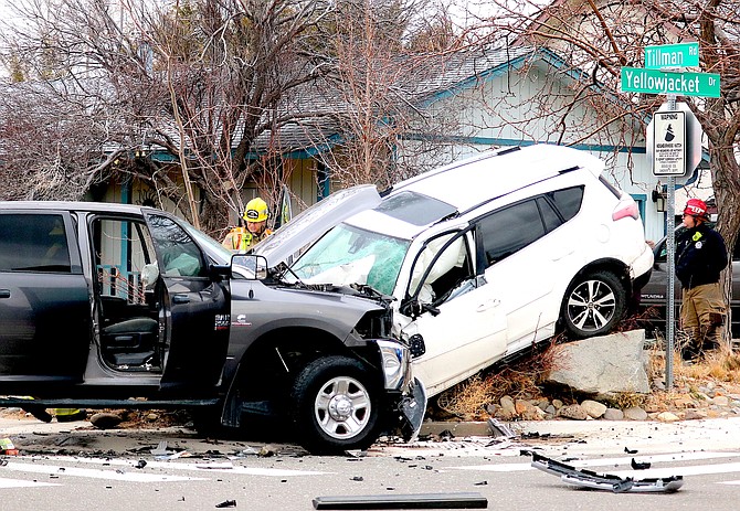 A vehicle collision at Tillman and Yellowjacket in the Gardnerville Ranchos resulted in an SUV in the landscaping.