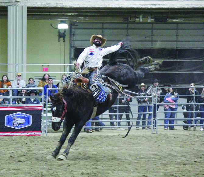 For the second straight year, the Winnemucca Event Center was packed with fans as the PRCA Winnemucca Xtreme Broncs returned on New Year’s Eve with 30 of the best saddle bronc riders in the world. Kade Bruno took home the top prize with a ride of 86.5 points on Hippy Mountain. Pictured above is Winnemucca’s Mitch Pollock, who tied for seventh.