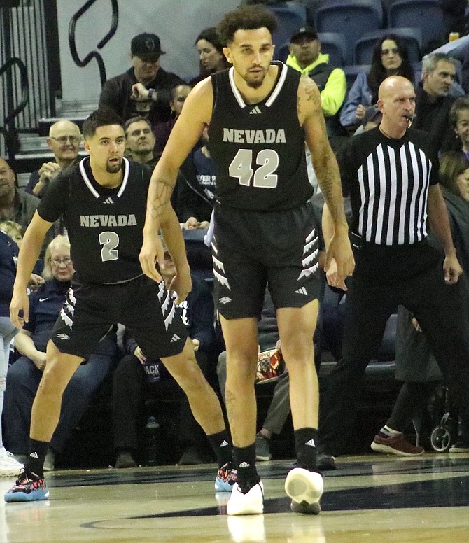 Nevada’s K.J. Hymes (42) and Jarod Lucas (2), shown in a game earlier this season, combined for 18 points in the Wolf Pack’s win over Air Force. Hymes added three key blocked shots.