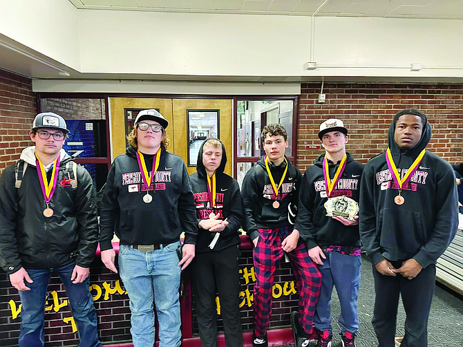 MIKE BROOKS • Provided to Great Basin Sun
Pershing County wrestlers Wyatt Hughes, Jake Trowbridge, Israel Knight, Cade Liebsack, Jeffrey Elerick, and Angelo Gibson display their medals at the Sparks Invitational tournament last weekend.