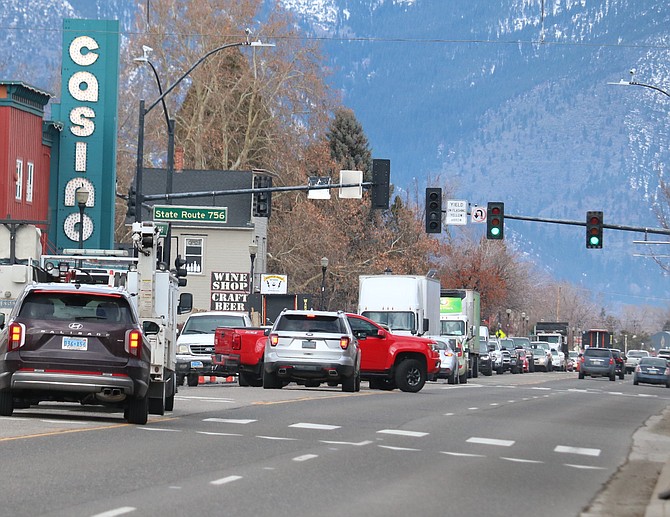 Traffic is backed up in downtown Gardnerville from construction.