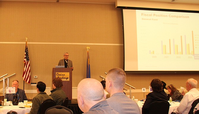 A crowd listens to Storey County Manager Austin Osborne at the NNDA State of the Counties event on Jan. 24 in Carson City.