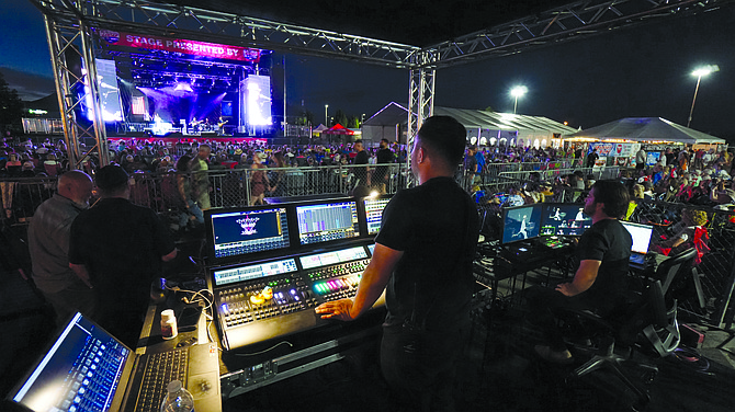 Lighting designer David Perez and Starsound Audio President Nick Sorrentino operate control panels at last year's War concert during Hot August Nights at the Grand Sierra Resort outdoor stage.