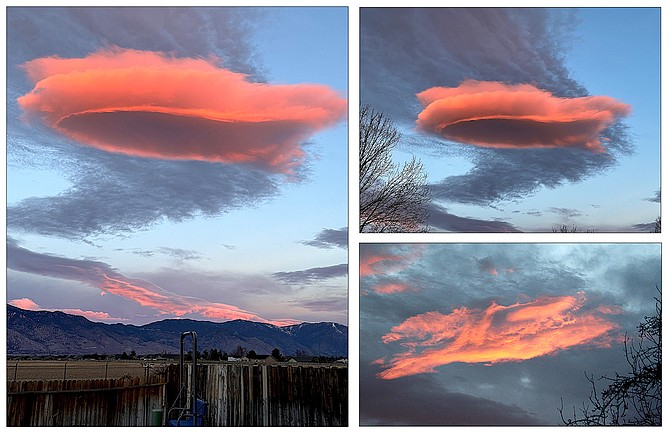 Red clouds sculpted by the wind and illuminated by the Wednesday morning sky greeted Carson Valley residents. Michael Smith, left, Frank Dressel, top right, captured a spaceship shaped cloud over Carson Valley, while Editor Kurt Hildebrand caught the last shining moment in the bottom right photo.