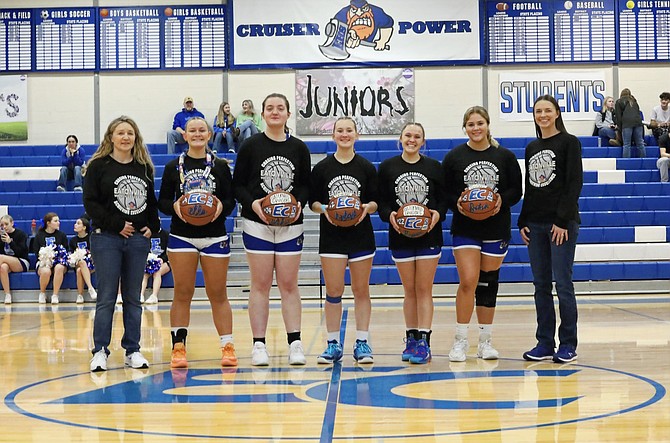 The Lady Cruiser Seniors pose with a couple of their coaches during Senior Night. From L to R: Head Coach Deanna Andersen, Ella Gendreau, Chloe Patterson, Kyleigh Backlund, Ryan Stammen, Sara Smith, and Assistant Coach Robyn Wright.