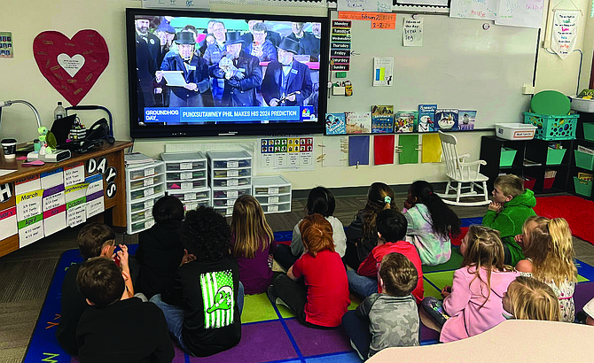Crystal Cabral’s class at Lahontan Elementary School watch Punxsutawney Phil give his live prediction.