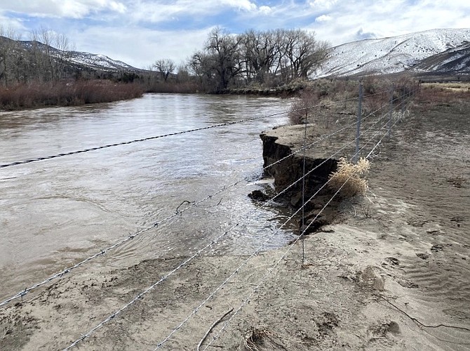 Carson City Open Space photo, dated March 14, 2023, showing high flows on the Carson River and bank damage along Buzzy’s Ranch.