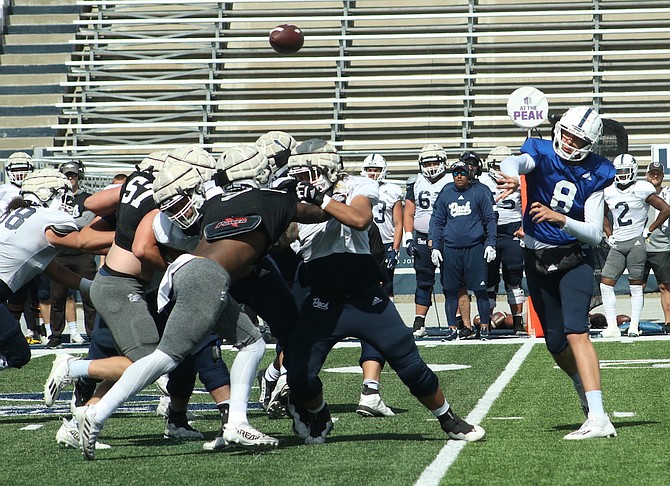 The Wolf Pack football team, shown in a scrimmage before the 2023 season, announced Wednesday that it will scrimmage on April 6 in Carson City.