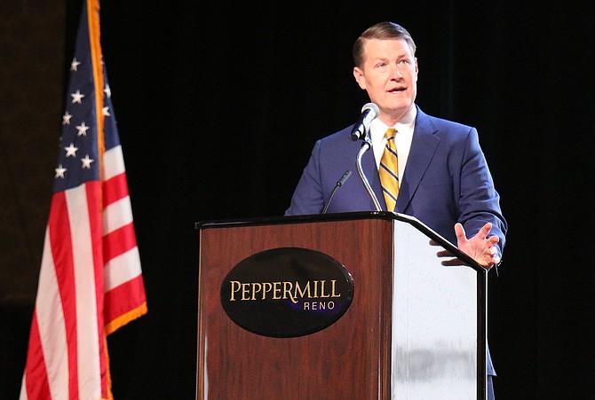 Economic Development Authority of Western Nevada President and CEO Taylor Adams speaks at the State of the Economy luncheon Feb. 8, 2024 at the Peppermill in Reno.