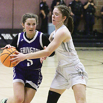 AMANDA BURROWS • Provided to Great Basin Sun
Pershing County junior Raegan Burrows defends against Yerington at the Northern 2A Regional tournament in West Wendover.