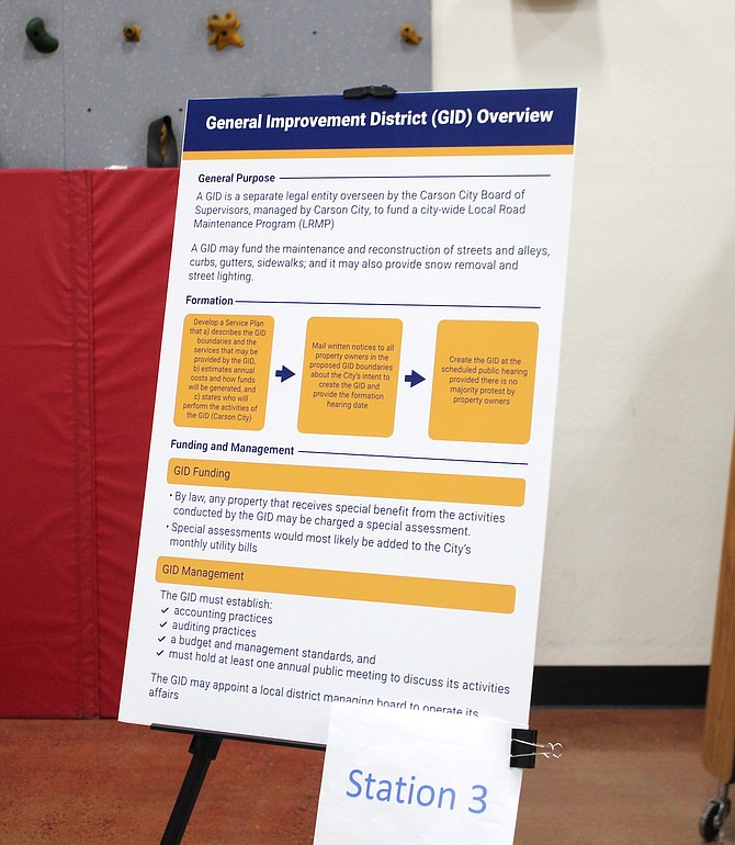 A diagram on general improvement districts displayed at a city-hosted public workshop on road funding in October.