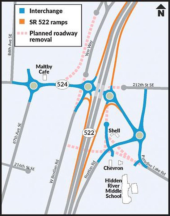 The proposed revisions at Paradise Lake Road and Maltby Road turns today’s intersection into a grade-separated interchange and adds roundabouts at some places.