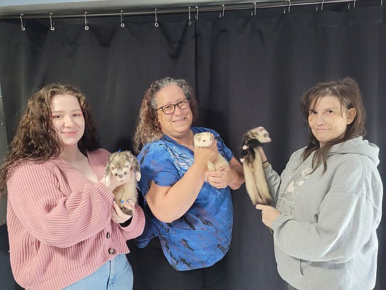 From left, volunteers MacKenzie Carlson and Rachelle Myers and shelter director Vondelle McLaughlin hold ferrets for a photo in the Everett-based ferret rescue shelter.