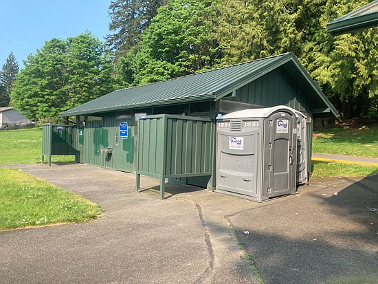 Hill Park has portable toilets, seen here May 17, because somebody broke the bathroom doors, the city said.