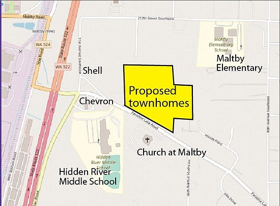 A map of where the proposed townhome project (marked in yellow) would be placed across nearly 17 acres of open space ex-farmland on 9321 and 9509 Paradise Lake Road.