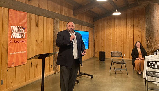 Monroe Mayor Geoffrey Thomas April 11 in the Longhouse Building of the Evergreen State Fairgrounds.