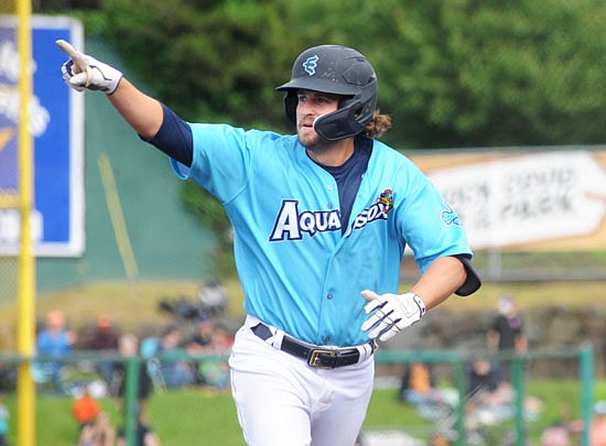 Everett AquaSox infielder Mike Salvatore points to the left field wall as he circles the bases after hitting a two-run shot 364 feet over the wall in left field to tie the score at 4-4 in the sixth inning of the Sox versus Tri-City Dust Devils game on Funko Field at Everett Memorial Stadium on Sunday, June 19.