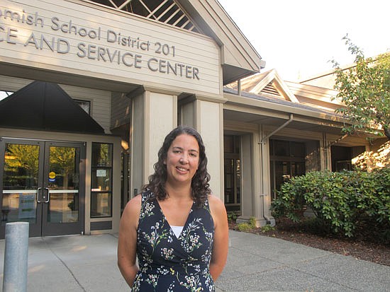 New school board member Sarah Adams outside of the Snohomish School District’s administration building shortly before the Aug. 24 board meeting