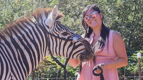 Monica Doppel, owner of Flying M Ranch, with Norris the Zebra at her ranch in Machias. Doppel has been working with horses since she was seven years old and came upon owning a zebra this past March after joking about it on social media. Norris has adapted well to the ranch.