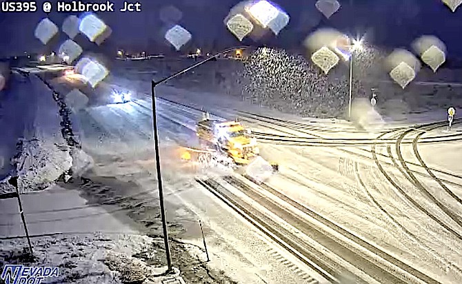 A Nevada Department of Transportation snowplow on the Holbrook Junction traffic camera at 6 a.m. Friday.