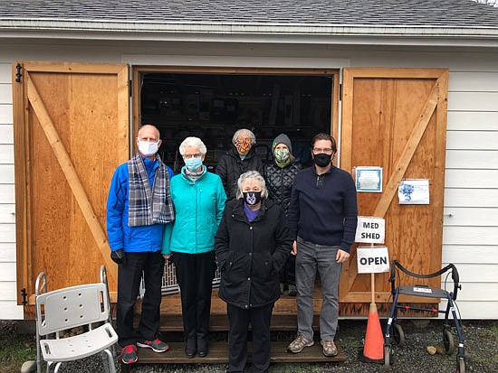 MedShed’s angels, from left to right, front row, Larry and Kathleen Starr, Dianna Salsbury, and Snohomish Evangelical Free Church Pastor Jeff Sickles. Back row: Naomi Devlin and Karen Plate. The MedShed offers free medical supplies to anyone in need, free of charge.