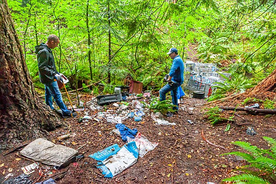 Just off a neighborhood street in South Everett, near the mall, lays a quiet grove of large trees with a small stream flowing at the bottom, and the remains of a large homeless camp. Mark Westenberg, left, a longtime volunteer, from Lynnwood, and Steve collect “sharps” at the large site Saturday, Sept. 19. A shopping cart “bridge” crosses the stream on the right.
Steve wrestled numerous shopping carts from the camp to return to the local merchants, and other volunteers cleared brush on the site. The area on both sides of the small creek was strewn with bedding, clothing, televisions, toys, and more.