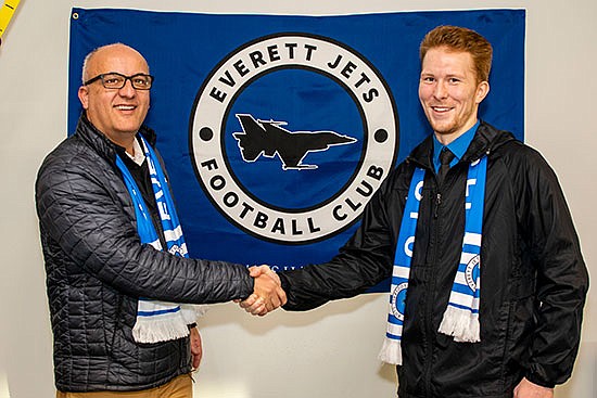 Goalkeeper Cameron Beardsley, standing on the right, became the Jets’ first signed player in February. Head coach Vasco Rubio is on the left. The team’s looking to fill out its roster, and tryouts are scheduled for later this month.