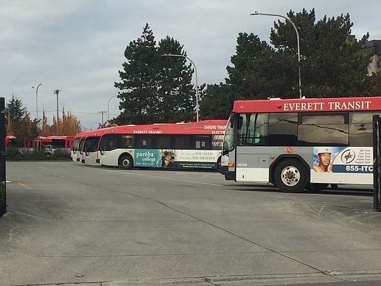 Everett Transit buses at the "bus barn" parking lot seen Nov. 2. The electric buses were charging for their midday charging needs.