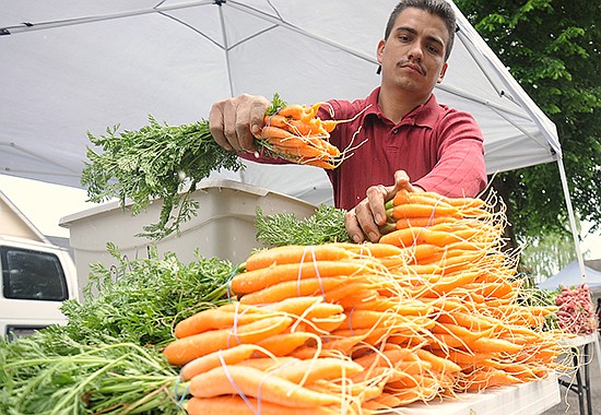 Osman Ruiz, then of Bautista Farms of Yakima County, lays out carrots at a Snohomish Farmers Market. Snohomish opens its season
May 7 at Stocker Farms’ site off of Highway 9 on Marsh Road. The Everett Farmers Market is jumping early with a May 3 opening day.