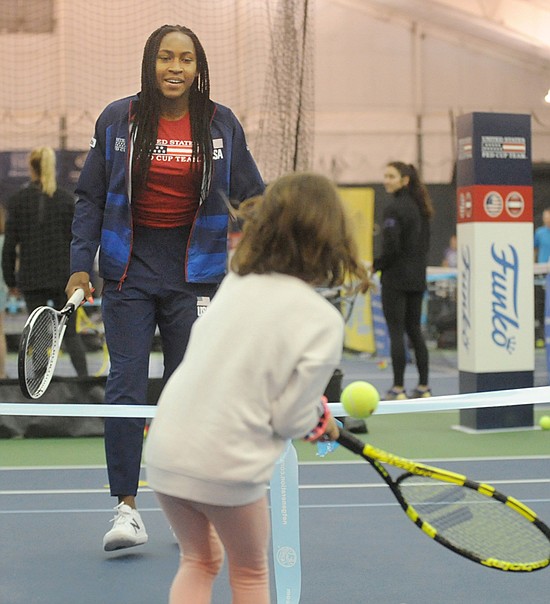 Team USA tennis player Coco Gauff plays tennis with a young participant during a youth clinic at the Columbia Athletic Club in south Everett on Tuesday, Feb. 4.
Gauff was among five players on the team competing at the Fed
Cup qualifier match hosted in Everett. Team USA beat Latvia 3-2 at the event, and will move on to the Fed Cup itself.